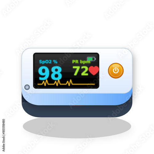 A modern digital pulse oximeter displaying blood oxygen saturation and pulse rate with a heart icon and waveform.