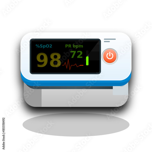 Digital pulse oximeter displaying oxygen saturation and heart rate readings on a screen.