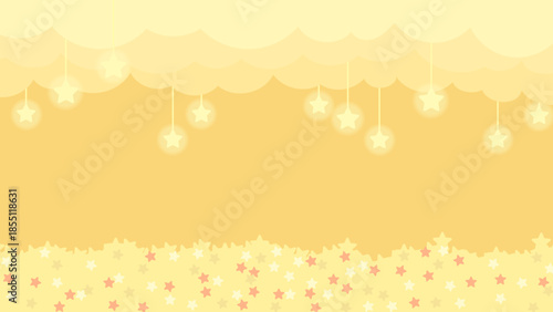 黄色いメルヘンな星と雲のフレーム背景素材16：9