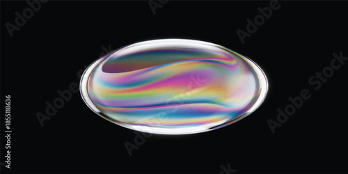 Shiny colorful soap bubbles float like glowing glass spheres in a 3d digital art illustration featuring a round rainbow pattern and star light design isolated on a black space background