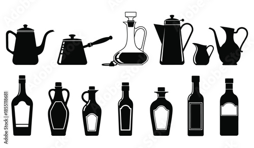 Drinkware and containers black silhouettes set pitchers decanters bottles teapots kettles isolated on white background
