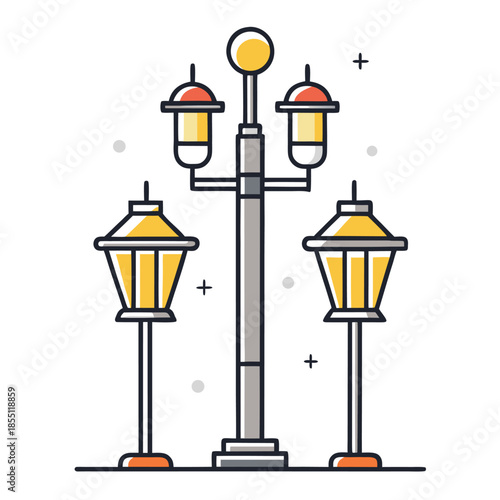 Minimal flat vector illustration of vintage street lamps, three glowing lamp posts on a small grassy base, warm yellow light, clean outlines, modern icon style, soft colors, white background