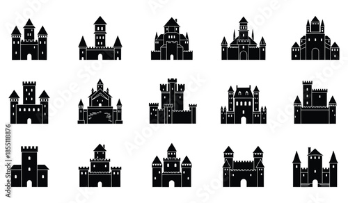 Fantasy castle silhouettes set depicting various medieval fortresses with towers, walls, and gates architectural structures
