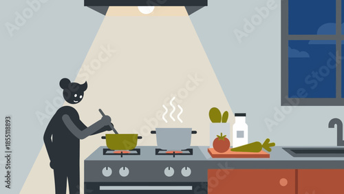 Woman Cooking on Stovetop in Kitchen.