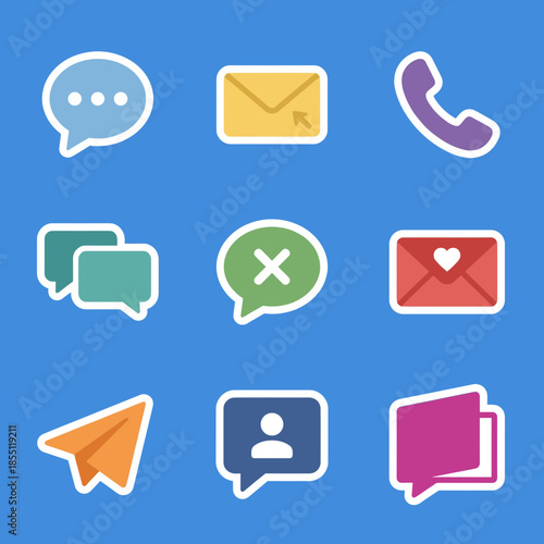 Modern Communication Sticker Icon Set with Messenger Bubbles Email Envelopes Paper Plane and User Profile Contact Symbols on Blue