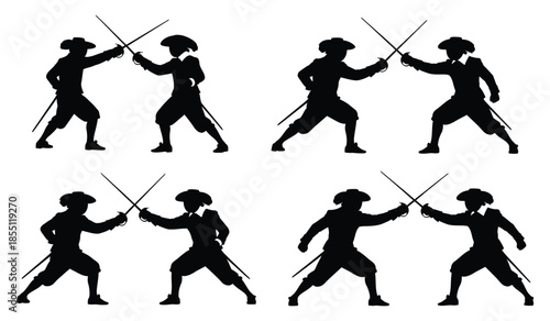 Historical duelists silhouettes, engaged in fencing with swords, showcasing dramatic combat scenes in a vintage black vector illustration