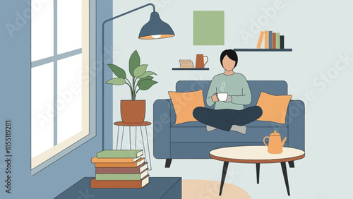 Woman Relaxing on Sofa with Coffee.