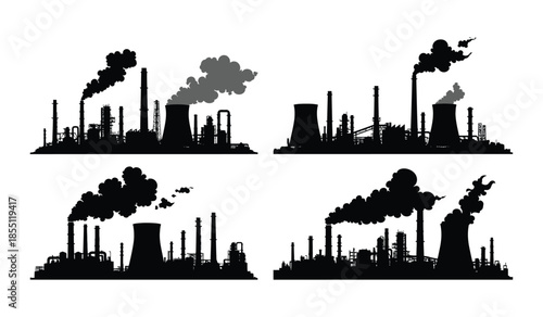 Industrial factory silhouette vector collection showing power plants with smoking chimneys and pollution in four different scenes