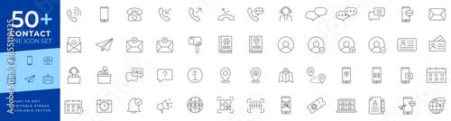 Contact line icon set of vector line icons for communication, featuring phone calls, email, mobile chat, customer support, location, map pins, and calendar elements for web and app user interfaces.