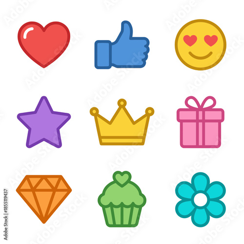 Game reward and social achievement icons set with crown diamond star gift box heart and flower for mobile app gamification and ui design