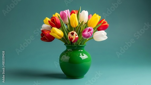 Vibrant tulip bouquet in green vase on teal background for spring decoration