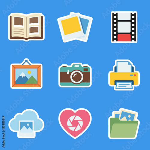 Photography and Image Management Flat Vector Sticker Set with Camera Photo Album Picture Frame Cloud Storage and Folder Icons