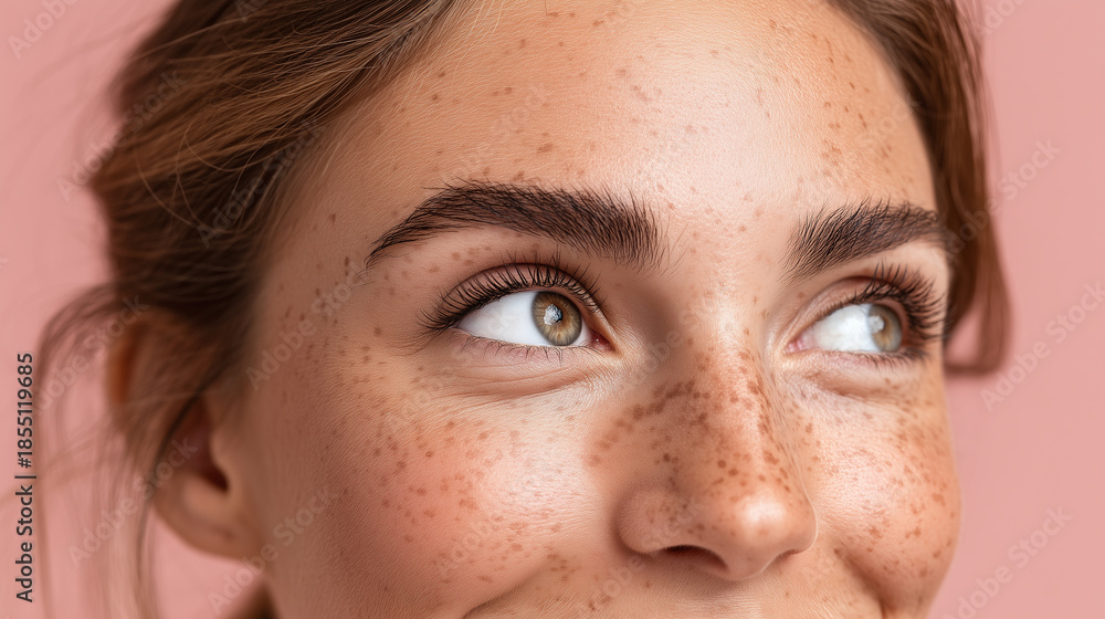 Fototapeta premium Close up of freckles across nose bridge and cheeks on smooth skin with soft natural light and warm tone, showing healthy youthful complexion and bright eyes looking sideways