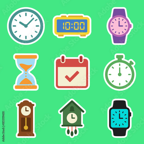 Comprehensive Timekeeping Device Vector Icon Set with Analog Clock Digital Watch Hourglass Calendar and Stopwatch Symbols