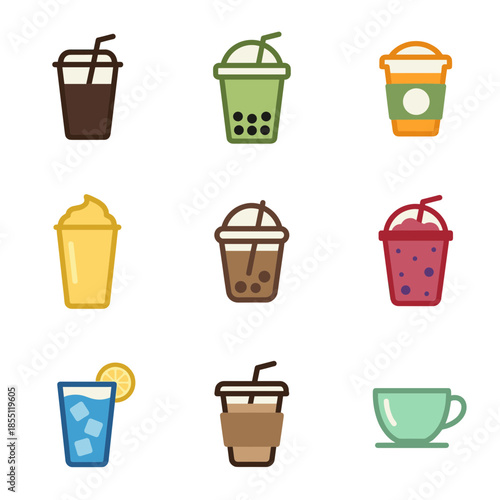 Variety of Takeaway Coffee and Tea Beverage Vector Icons Including Boba Tea Frappe Iced Coffee and Hot Cup of Tea Symbols