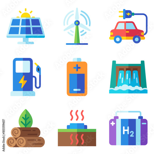 Sustainable Energy and Green Technology Vector Icon Set with Solar Panel Wind Turbine Electric Car and Hydroelectric Dam