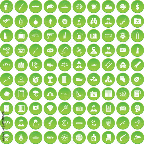 100 antiterrorism icons set green circle