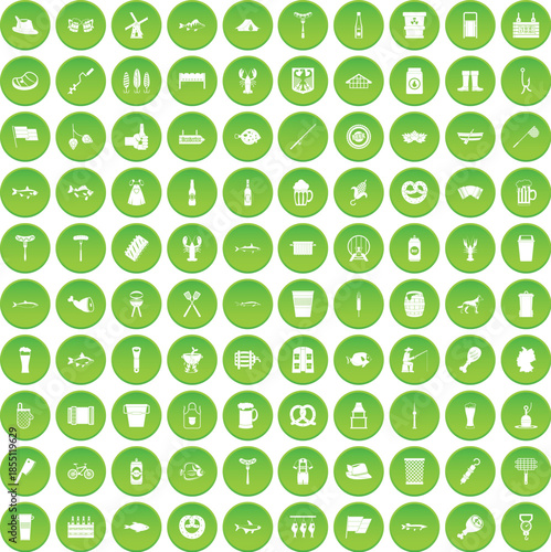 100 beer icons set green circle
