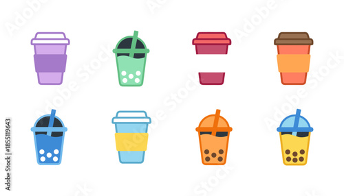 Selection of Colorful Bubble Tea and Soft Drink Vector Icons with Different Flavors Toppings and Takeaway Cup Designs