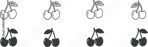 Cherry icon vector set, fruit symbols, line and solid fill styles, sweet food illustration, black and white