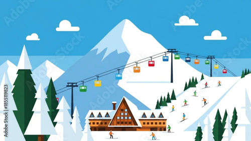 Ski Resort with Skiers Snowboarding on Snowy Mountain Slopes and Ski Lift, Flat Design Vector Illustration