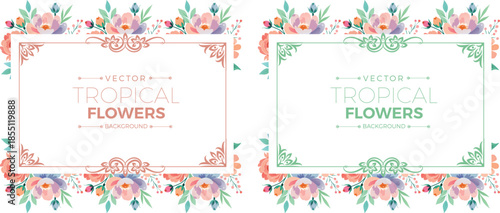 Soft watercolor tropical flowers and leaves framing a decorative rectangular border template