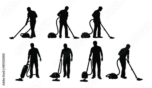 Multiple silhouette vector illustrations of a man using different vacuum cleaners actively engaged in various cleaning poses and actions