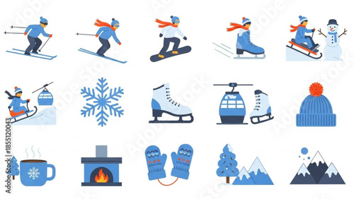 Winter Sports Activities Flat Vector Icons Set Isolated on White Background
