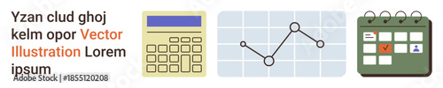 Financial planning, data management, business analytics, time organization, project scheduling, efficiency. Calculator, graph and calendar with marked date. Financial planning and data management