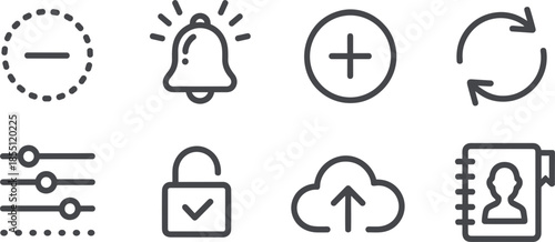User interface icon set, settings, notification, refresh, add, delete, cloud upload, security, and contact book