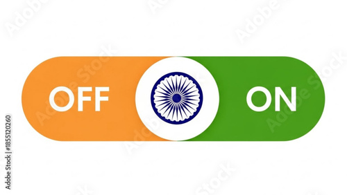 Indian Flag Toggle Switch Icon with Ashoka Chakra, Orange Green ON OFF, Isolated on White