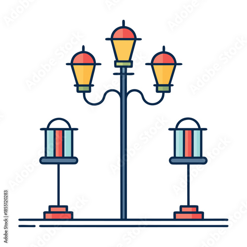 Minimal flat vector illustration of vintage street lamps, three glowing lamp posts on a small grassy base, warm yellow light, clean outlines, modern icon style, soft colors, white background