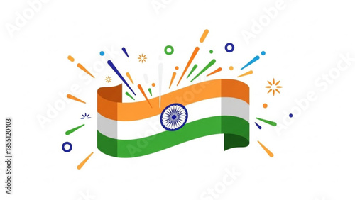 Indian Flag Waving with Celebration Fireworks Vector Illustration Isolated on White Symbolizing Independence Day
