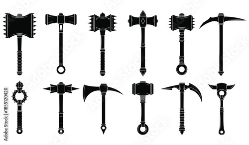 Set of ancient battle hammer collection isolated on white background, black silhouette war weapon, vector illustration