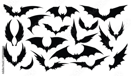Set of black bat silhouettes vector collection flying creature wings isolated on white background various shapes and poses for halloween decoration