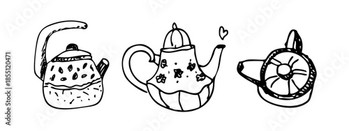 Whimsical Tea Party Doodle Clipart Set. Cute  Kettle, Teapot   Outline Hand-Drawn Vector  Illustration