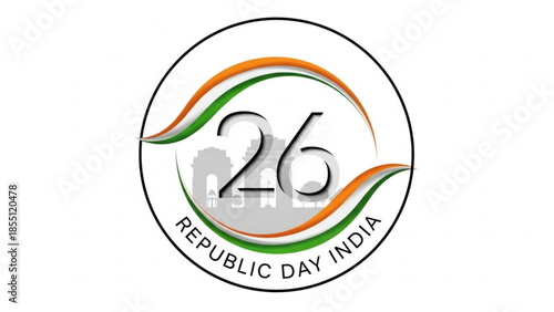 Republic Day India Emblem, 26th January Celebration, Indian Flag Colors and India Gate Silhouette, Isolated on White