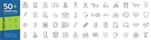 Hospital line icon set for healthcare, medicine, doctors, nurses, patient care, medical equipment, first aid, examination, and diagnostics for health apps and clinical services design.
