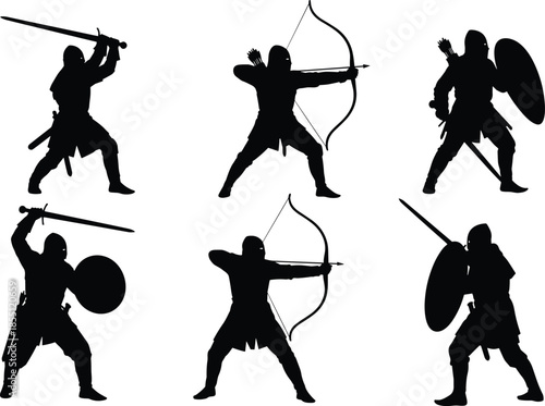 Silhouettes of medieval warriors with swords, shields, and bows in combat poses, showcasing diverse weaponry, fighting stances, and historical battle culture