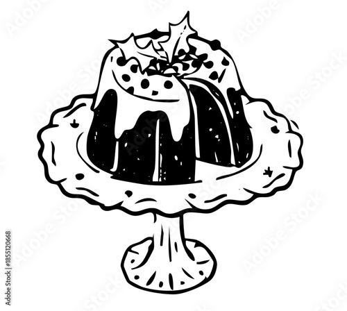 Christmas Pudding Doodle. Cute Holiday Dessert on Cake Stand with Holly and Glaze. Outline Hand-Drawn Vector Illustration