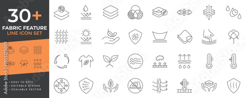 Fabric feature line icon set for textile properties, clothing material attributes, weaving patterns, moisture absorption, breathability, and natural eco friendly garment certifications.