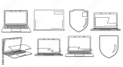 Various laptop designs and security icons