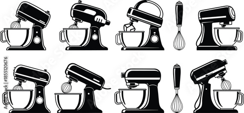 Black and white kitchen mixer with various attachments and beaters stand mixer kitchen appliance