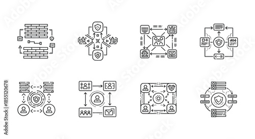 Complex network diagrams showing various interconnected systems