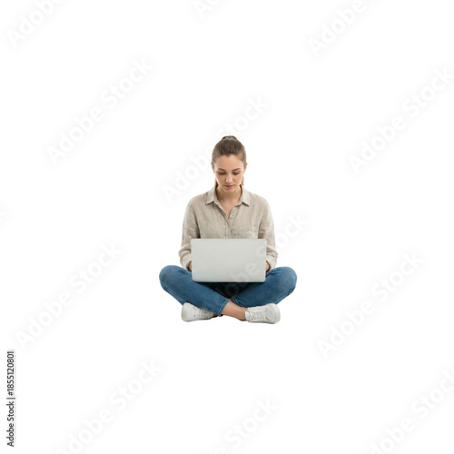 Young woman working on laptop while sitting cross-legged isolated on transparent background