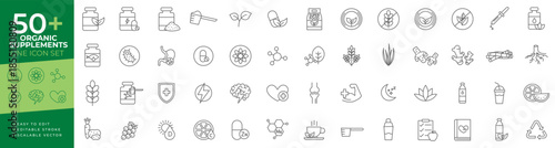 Organic supplements line icon set for health, natural food, vitamins, minerals, protein, herbal medicine, fitness, and superfood elements, perfect for nutrition apps and wellness brand interfaces.