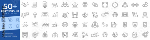 Partnership line icon set for business collaboration, teamwork, mergers, acquisition, networking, corporate strategy, and relationship development for presentations and finance interfaces.