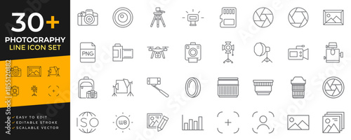Photography line icon set for digital media, featuring cameras, lenses, filters, tripods, lighting, flash, file formats, studio equipment, drones, and post production elements for design projects.