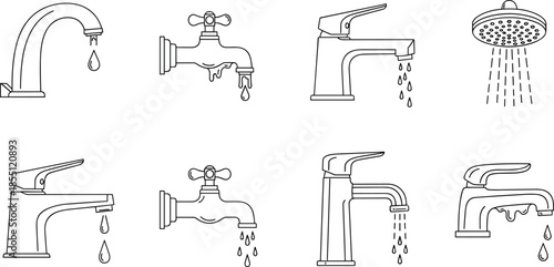 Water fixture icons featuring faucets and showerhead with dripping and flowing droplets for plumbing, conservation, and household design concepts