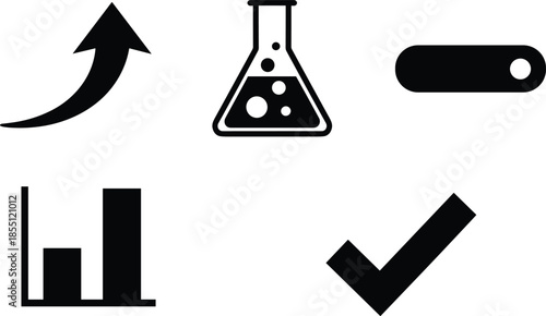 Black icon set featuring growth arrow, science flask, toggle switch, bar chart, check mark, and diamond symbol for education, data, and design concepts